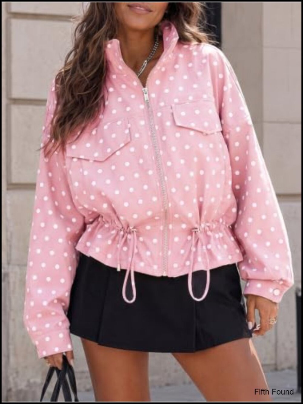 Zip Up Casual Jacket Polka Dot Drawstring Oversized Long Sleeve Fall Coat - Picture 3 of 5